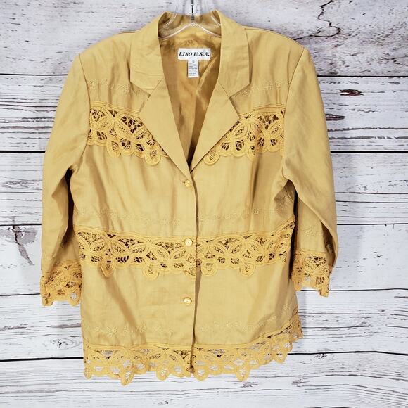 Lino U.S.A. Yellow 100%Linen Embroidered Lace Detail Top Size Small - Picture 2 of 12